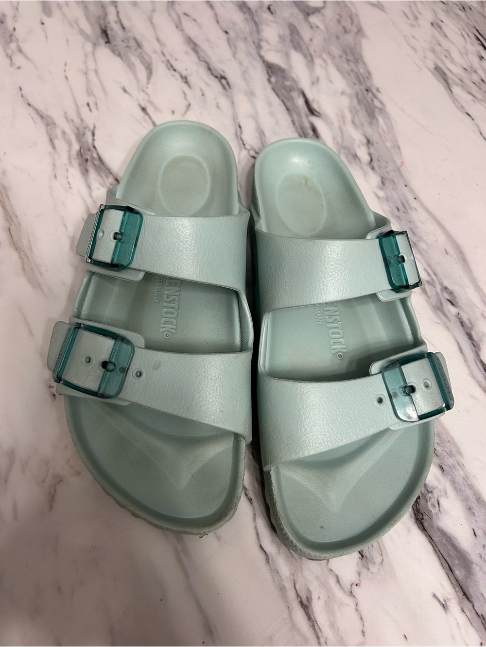 Birkenstock Kids Sandals in Light Mint with Teal Buckles